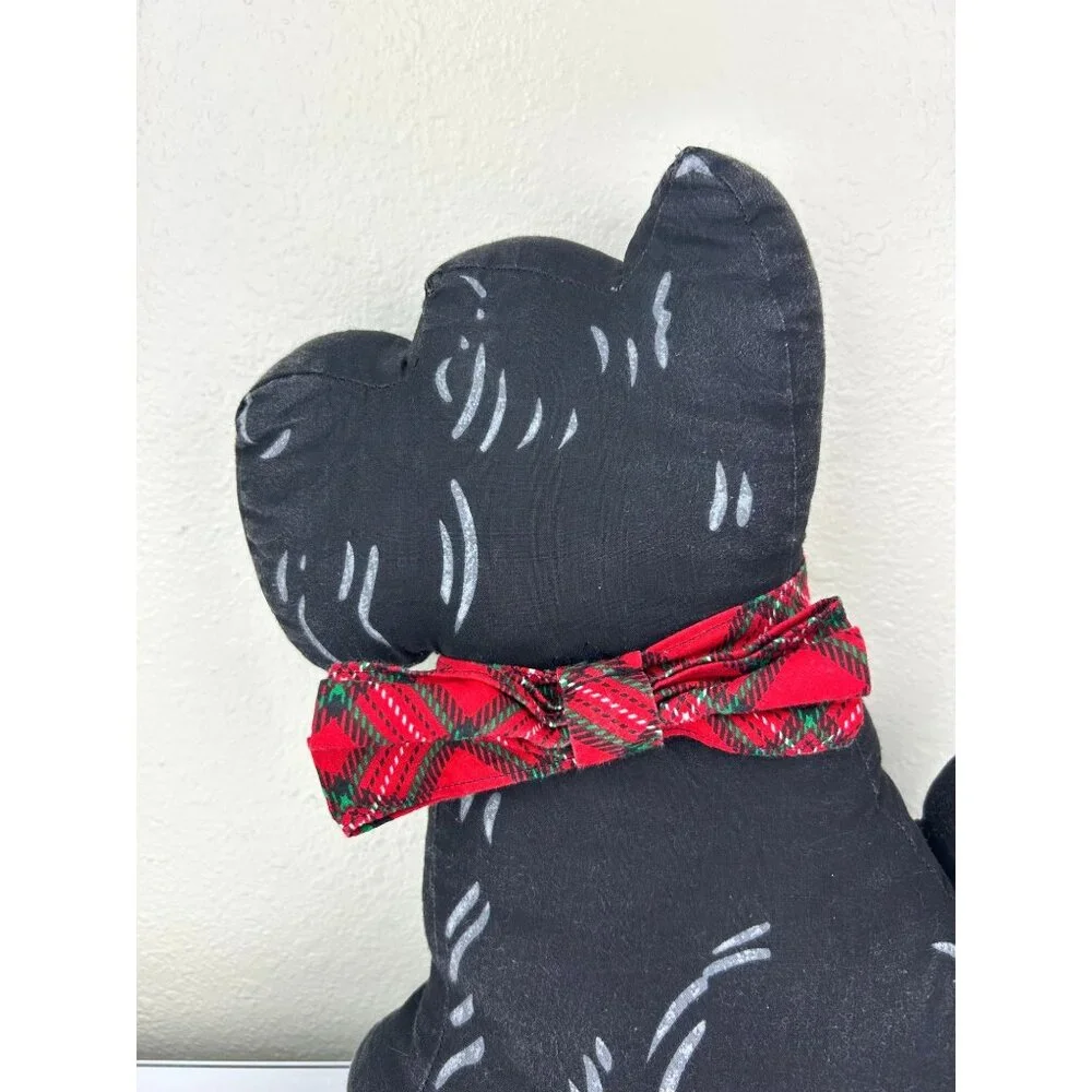 Vintage Scottie Dog with Plaid Bow Christmas Holiday Pillow Handmade Sewn READ